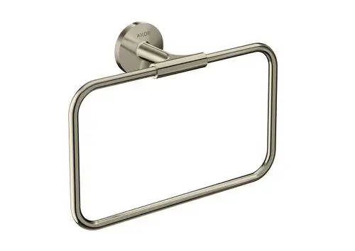 Handtuchring aus poliertem Nickel, befestigt an einer runden Wandhalterung. Das Produkt stammt von AXOR und hat eine rechteckige Form.